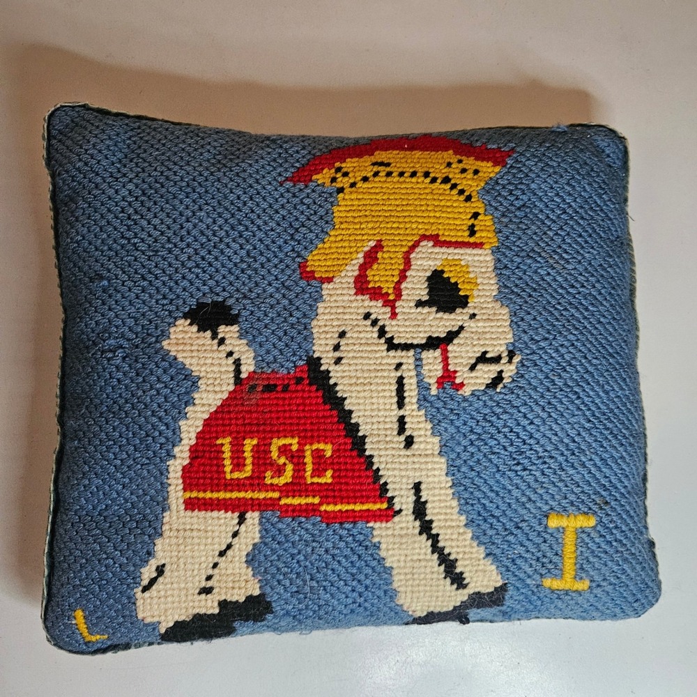 Vintage USC Needlepoint Clown Throw Pillow Blue Corduroy Back Folk Art 11x9